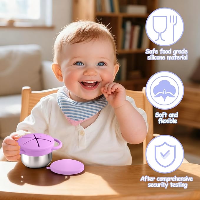2-Pack Stainless Steel Snack Containers for Kids with Spill-Proof Silicone Lids & Handles - 3-in-1 Baby Snack Cups, No-Spill Toddler Snack Box, Perfect for On-the-Go Healthy Eating(Blue+Purple)