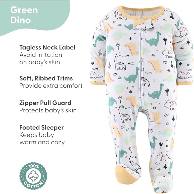 The Peanutshell Baby Sleepers for Boys Set of 3 - Soft Cotton Footed Pajamas for Newborns & Infants - Green Dino