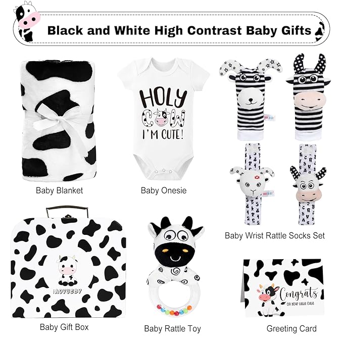 Baby Shower Gifts, Baby Gift Set for Newborn, Black and White High Contrast Baby Montessori Toys 0-6 Months Infant Rattle Socks Blanket Onesies, New Baby Gifts Basket for Girls Boys