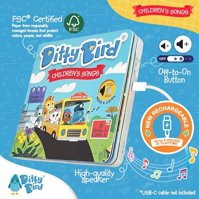 Ditty Bird Musical Books for Toddlers | Fun Children's Nursery Rhyme Book | The Wheels On The Bus Book with Sound | Interactive Toddler Books for 1 Year Old to 3 Year Olds | Sturdy Baby Sound Books