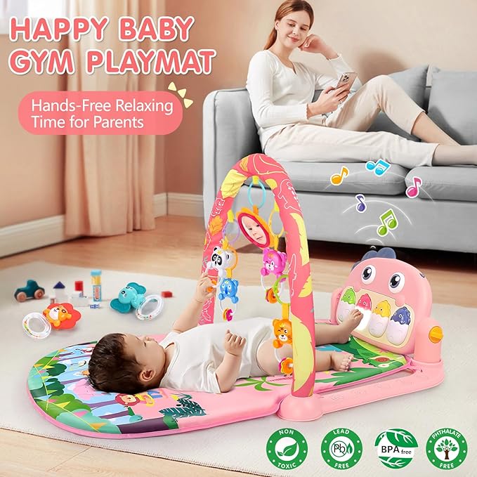 UMIKU Baby Play Mat Baby Tummy Time Mat Activity Center for Newborn Infant Piano Play Gym Mat Music & Light Babies Gifts Boy Girl for Babies 0-6 6-12 Months, Pink Dinosaur