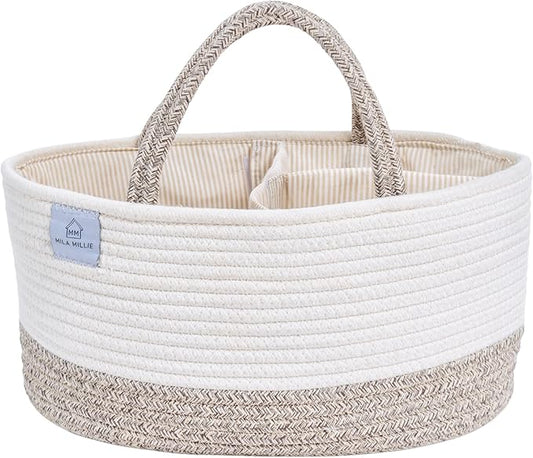Baby Extra Large Cotton Rope Diaper Caddy, Organizer Storage Bin for Nursery Essentials, 100% Natural Cotton Eco friendly, Organizer with Removable Divider (White & Brown)