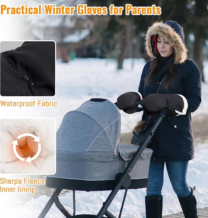 KAKIBLIN Winter Stroller Gloves, Hand Muff for Cold Weather, Universal Ultra-Plush Winter Stroller Mittens for Baby Parents, Warm Waterproof Windproof Strollers Glove Accessories(Black)