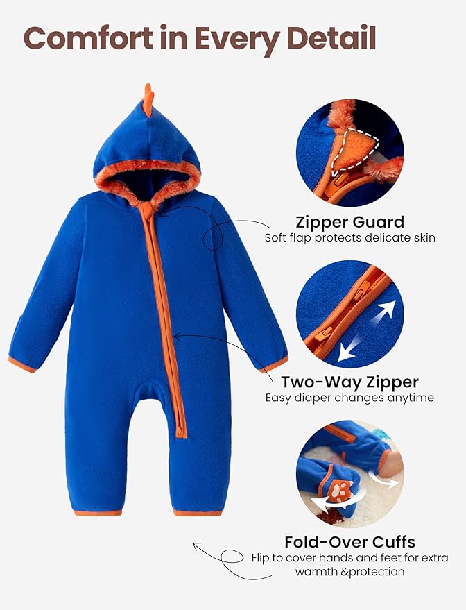 PATPAT Fleece Hooded Footed Romper Clothes, Soft Warm Footie Covers, Car Seat Friendly, Easy Zip, Cute Boy Girl