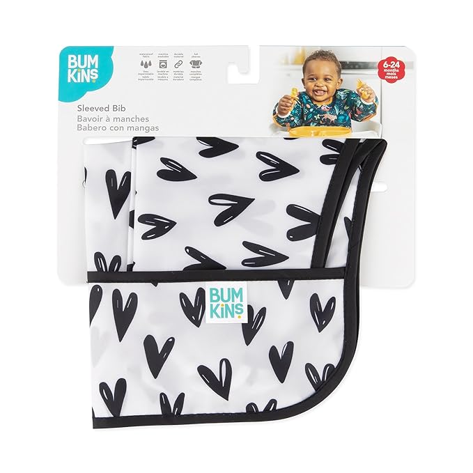 Bumkins Sleeved Bib for Girl or Boy, Baby and Toddler for 6-24 Months, Essential Must Have for Eating, Feeding, Baby Led Weaning Supplies, Long Sleeve Mess Saving Food Catcher, Hearts Black and White