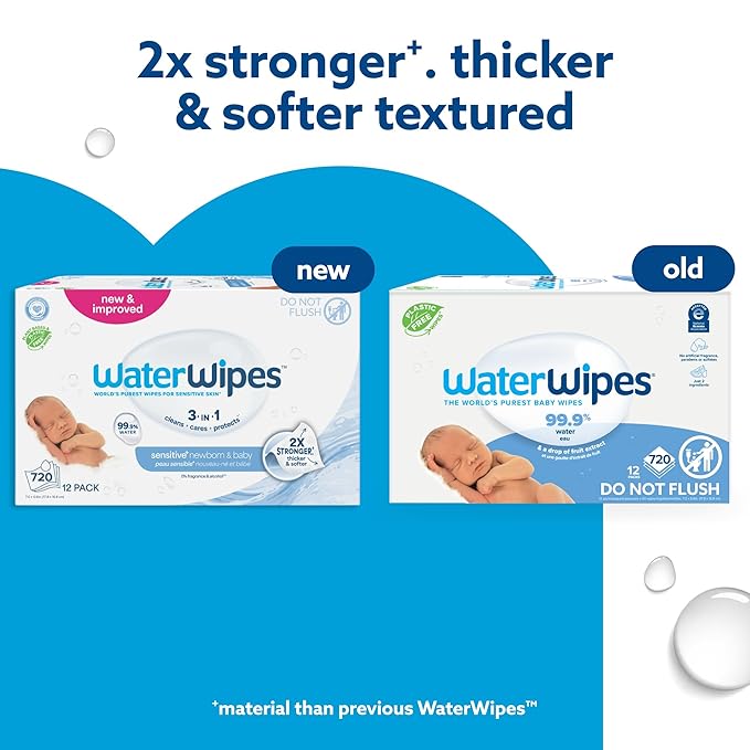 WaterWipes Sensitive+ Newborn & Baby Wipes, 3-In-1 Cleans, Cares, Protects, 99.9% Water, Unscented & Hypoallergenic, 720 Count (24 Packs)