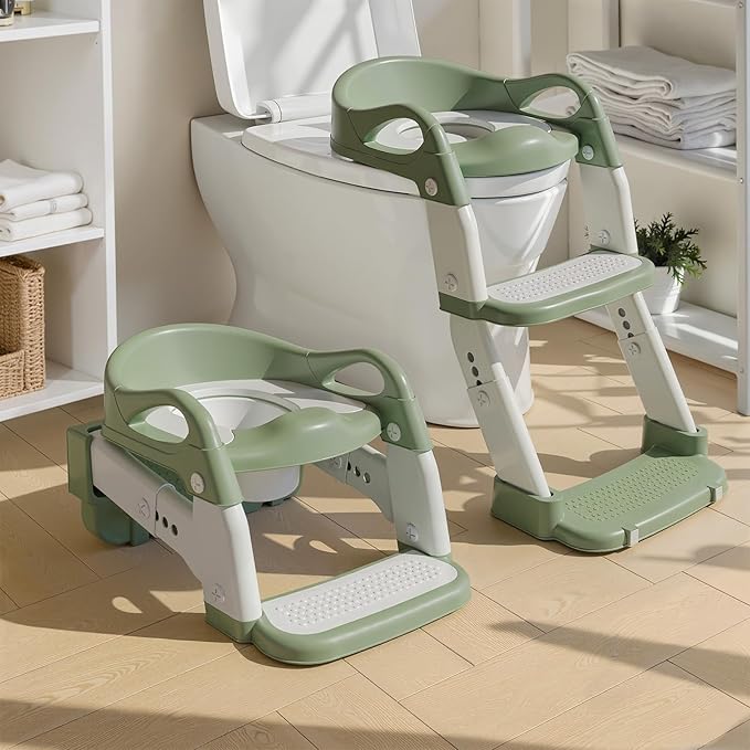 3-in-1 Potty Training Seat & Training Toilet & Potty Chair, Height Adjustable Toddler Toilet Seat for Kids Boys Girls, Foldable Potty Training Toilet with Splash Guard and Anti-Slip Steps (Green)