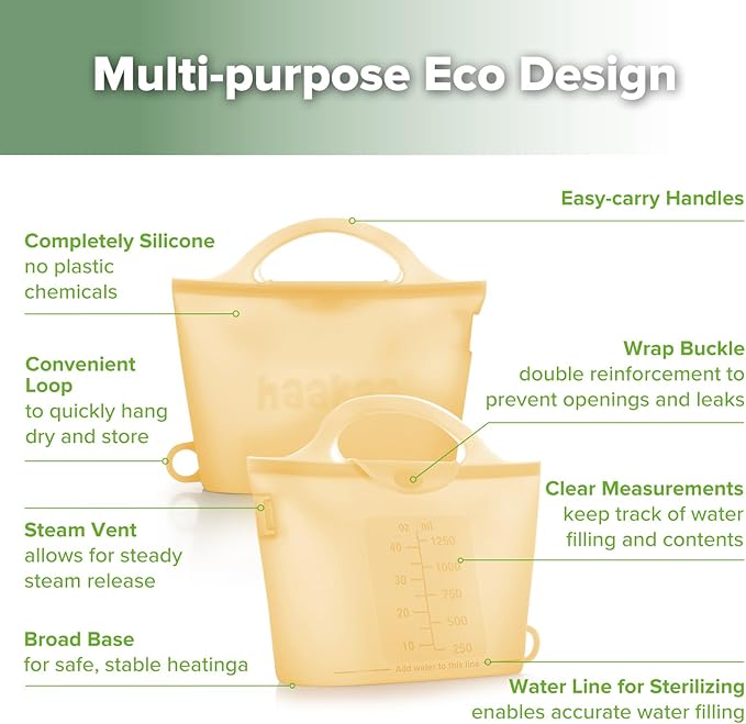 Haakaa On-The-Go Silicone Microwave Steam Sterilizer Bags for Travel, 40oz/1250ml Reusable Silicone Steaming Bags for Baby Bottles, Breast Pump, Accessories, Pacifiers, Teethers, Pineapple/1PC