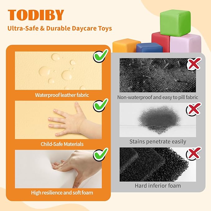 Foam Building Blocks for Toddlers:12-Pieces Wipeable Leather Stacking Cubes Kids - Large Soft Toys Play Set for Learning Construction Baby Preschool Daycare Therapy Birthday Gift (Rainbow)