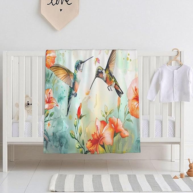 Baby Blanket Hummingbird Flower Watercolor for Boy Girl Newborn 30x40 Inch Toddler Infant Nursery Throw Blankets Double Layer Comfy Soft Plush Stroller Crib Quilt