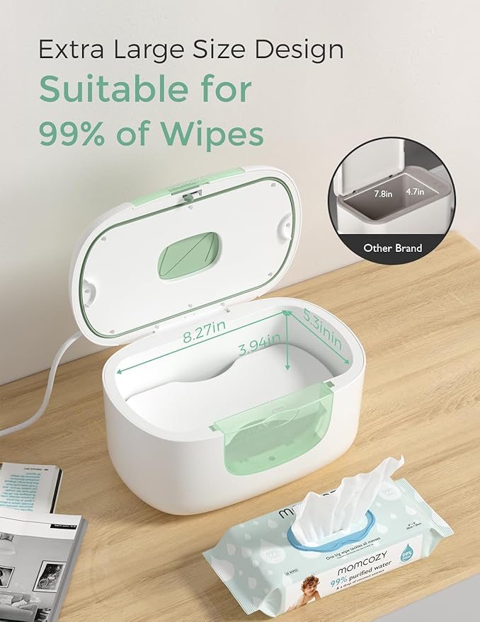 Momcozy New Baby Wipe Warmer, 100pcs Larger Capacity Wipe Dispenser, 10-Min Fast Heating with 4 Temperature Modes, Innovative Spring Design, Silicone & Top Seals,Quick Even Heating, 3-Level Nightlight