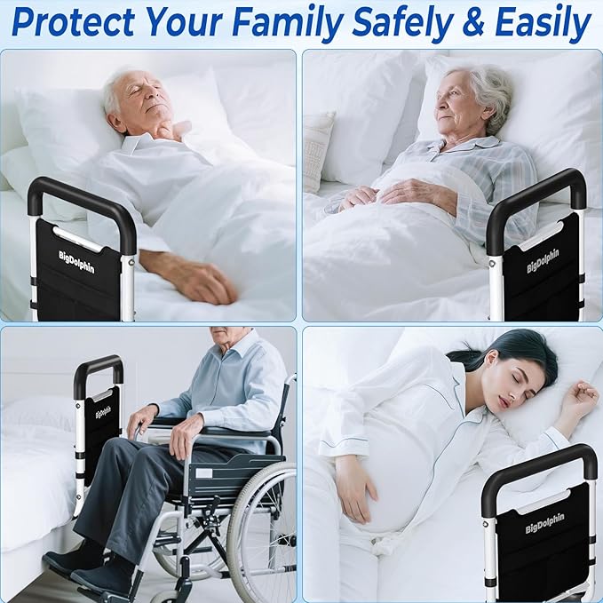 Bed Rails for Elderly Adults Safety - ASTM-Compliant, Adjustable Bed Cane with Non-Slip Ergonomic Handle & Storage Pocket, 2026 Upgrade Bed Railings for Seniors Support 400 LBS, Tool-Free Assembly