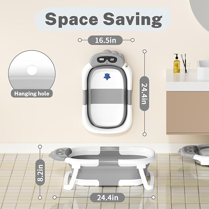 AVIDOR Baby Bathtub,Collapsible Bathtub for Newborn to Toddler,Durable Essential Infant Bath Tub,Portable Travel Baby Tub with Soft Bath Net,No-Slip Feet and Dinosaur Shaped (Grey)