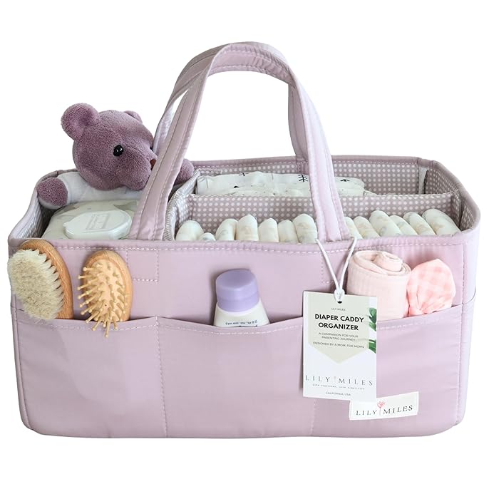 Lily Miles Baby Diaper Caddy Organizer, Wipeable Diaper Organizer Basket with 8 Pockets for Newborn Essentials, Baby Shower Gifts, Nursery Tote Bag for Changing Table or Car (Rosy Lilac, Large)