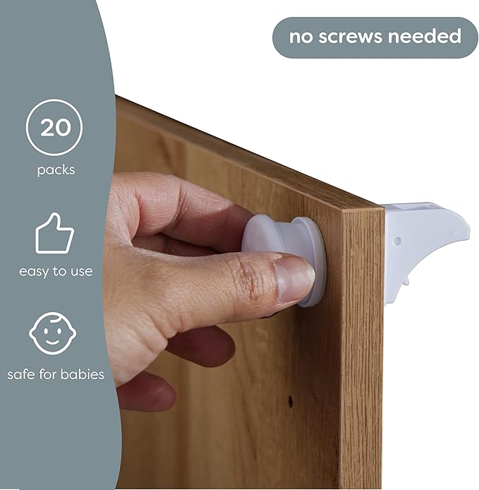 MATANA 20 Pack Magnetic Cabinet Locks Baby Proofing (20 Locks + 4 Keys) Adhesive Easy Installation, No Drilling Child Proof Cabinet Locks Magnetic Drawer Locks