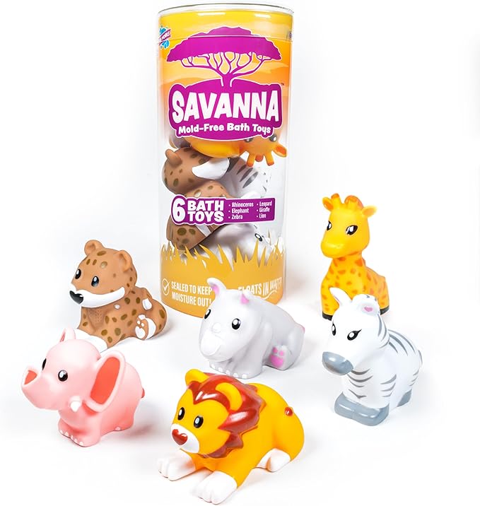 Tub Works® Savanna™ Mold Free Bath Toys, 6 Pack | Sealed, No Hole Bath Toys Design Keeps Moisture Out | Soft, Squeezable & Float on Water | Easy-Grip Baby & Toddler Bathtub Toys | Great Baby Pool Toys