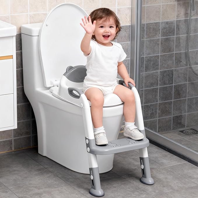 Potty Training Seat ,SKYROKU Potty Training Toilet with Step Stool Ladder, for Kids Boys Girls Toddlers - Comfortable Safe Potty Seat with Anti-Slip Pads Ladder (Grey)