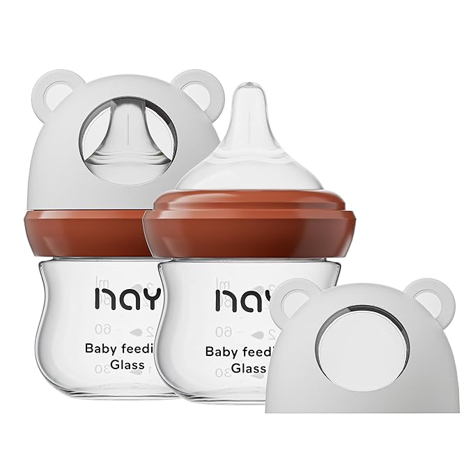 Natural Glass Baby Bottle for Breastfeeding Babies, 3oz Newborn Anti-Colic Baby Bottle with Slow Flow Nipples (SS), Clear, Wide Neck, 2 Pack, 0 Months+