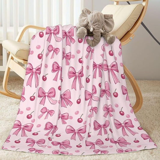 Baby Blanket Pink Bow Pattern Cherry for Boy Girl Newborn 30x40 Inch Toddler Infant Nursery Throw Blankets Double Layer Comfy Soft Plush Stroller Crib Quilt