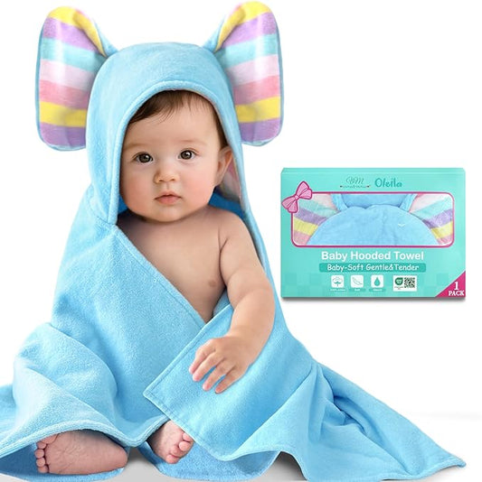 Thick Baby Hooded Bath Towel - 100% Cotton,500GSM, 33x31.5 Inches,0-2Years, Super Absorbent Large Towel with Cute Elephant Ears Hood for Newborn,Toddler,infant,Baby Essentials,Light Blue Blue