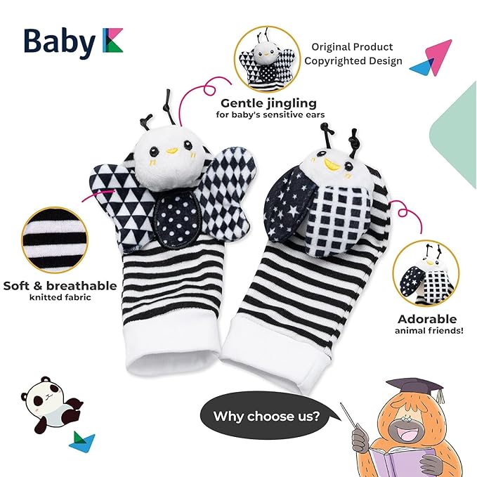 BABY K Baby Rattle Socks & Wrist Toys (Set E) - Newborn Toys for Baby Boy or Girl - Brain Development Infant Toys - Hand and Foot Rattles Suitable for 0-6, 6-12 Months Babies - Newborn Baby Gifts