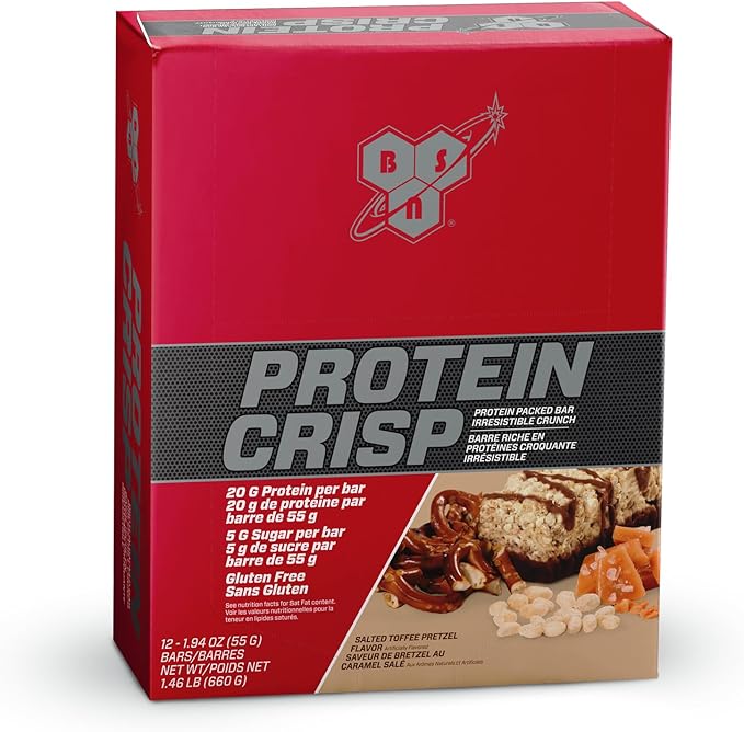 BSN Protein Crisp Bar, Salted Toffee Pretzel, 20 Gram Protein Snack Bars with Whey and Fiber, Gluten-Free Crunchy Energy Bars for Workout, Fitness, On-the-Go, 12 Count