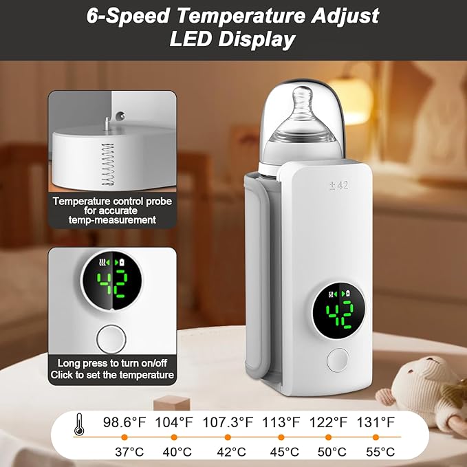 Portable Bottle Warmer for Travel-Fast Heating & Keep Warming Up to 5H, 6-Speed Precise Temperature Control,Keep Formula Nutrition,Lifesaver for Parents On The Go