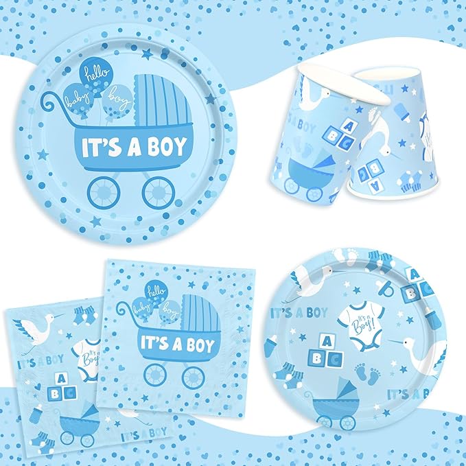 Baby Boy Shower Decorations for 24 Guests - It’s A Boy Decorations Kit Including Disposable Plates, Napkins, Cups, Tablecloth & Banner for Baby Shower Decorations Boy