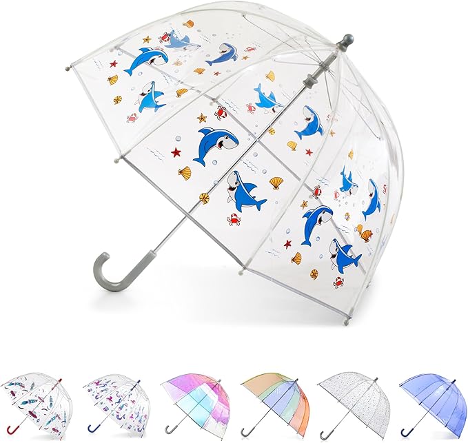 totes Kids Clear Bubble Umbrella with Dome Canopy, Lightweight Design, Wind and Rain Protection Umbrella, Shark, Kids - 38" Canopy