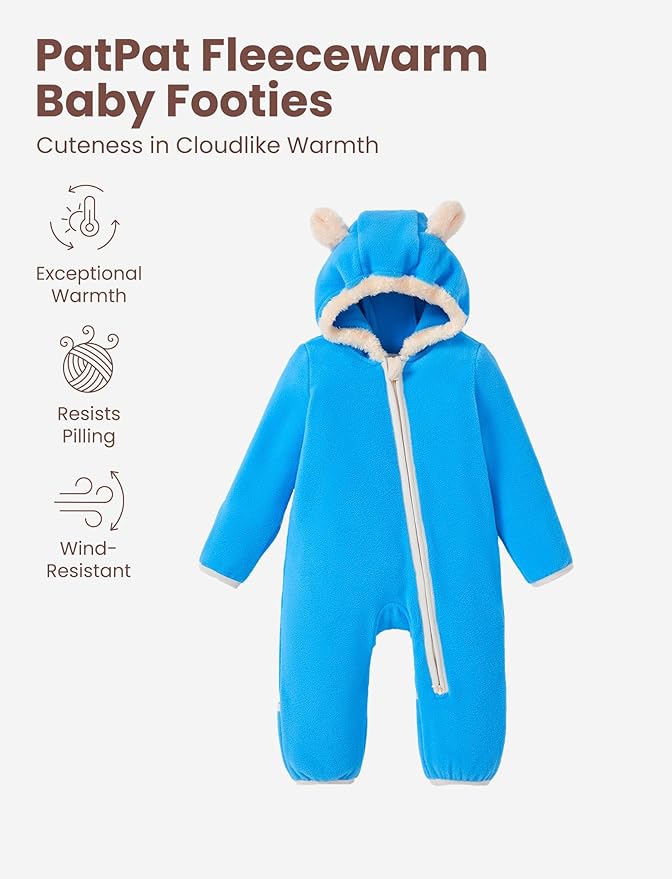 PATPAT Fleece Hooded Footed Romper Clothes, Soft Warm Footie Covers, Car Seat Friendly, Easy Zip, Cute Boy Girl