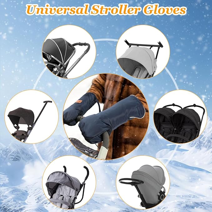 Zooawa Stroller Gloves, Universal Stroller Hand Muff with Warm Polar Fleece, Baby Stroller Gloves with Vel-cro Design, Waterproof and Snowproof Stroller Mittens for Stroller Accessories, Indigo