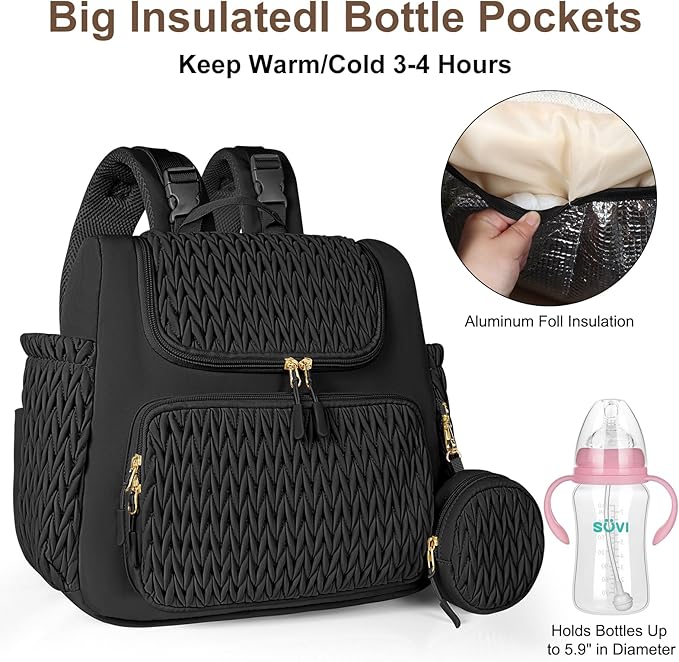 Geestock Diaper Bag Small Diaper Backpack, Stylish Quilted Baby Backpacks, Mini Maternity Bags, with Changing Pad, Pacifier Case & Stroller Straps, Parents Essentials Diaper Bag, Black