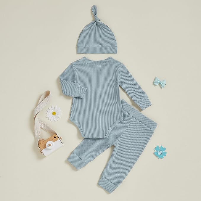 Newborn Baby Boy Clothes Long Sleeve Ribbed Bodysuit Pants Hat 3-Piece Outfit Set