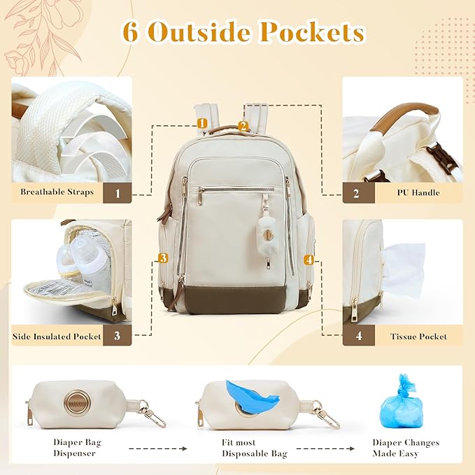 miss fong Diaper Bag Backpack - Baby Diaper Bag Mommy Bag Diaper Backpack with 16 Pockets Large Capacity Travel Diaper Bag Baby Shower Gifts for Mom & Dad-Off-White