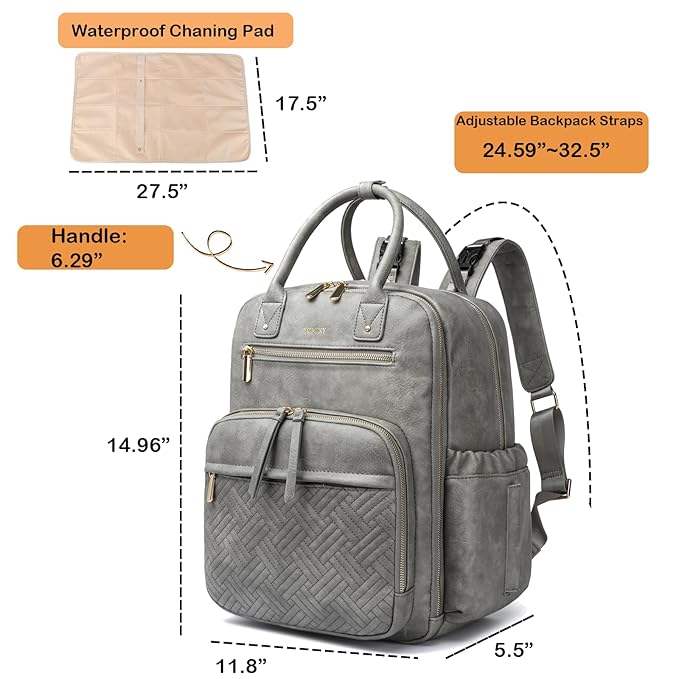 Leather Diaper Bag Backpack for Women with Multiple Pockets,Laptop Compartment and Changing Pad.