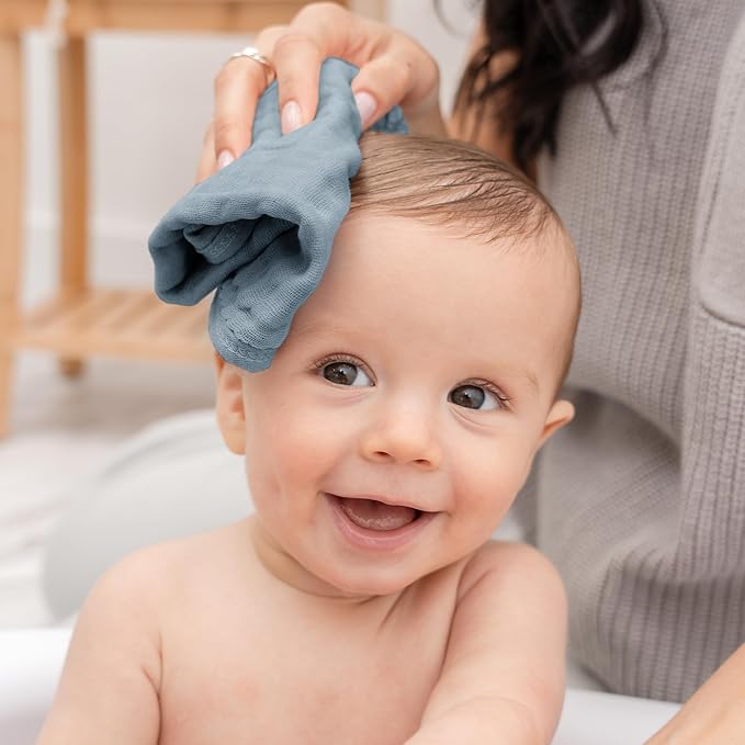 Comfy Cubs Muslin Baby Washcloths 10 Pack - Soft 6-Layer Cotton Wash Cloths for Sensitive Skin - 10"x10" Large, Gentle, Absorbent Infant Essentials for Newborn and Toddlers - Pacific Blue