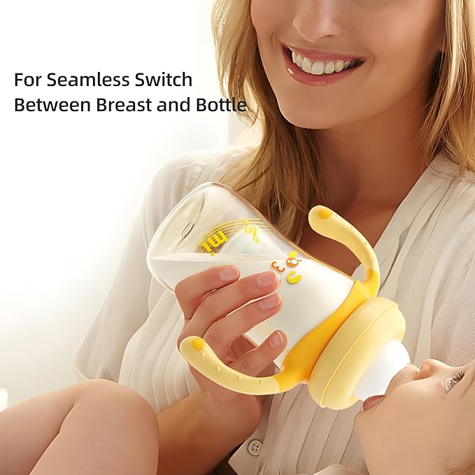 YOHKOH Natural PPSU Baby Bottle with Natural Response Nipple, Newborn Anti-Colic Baby Bottles with Handle, Wide Neck Mushroom Cap Baby Bottle (8.8oz (Pack of 4), Yellow1)