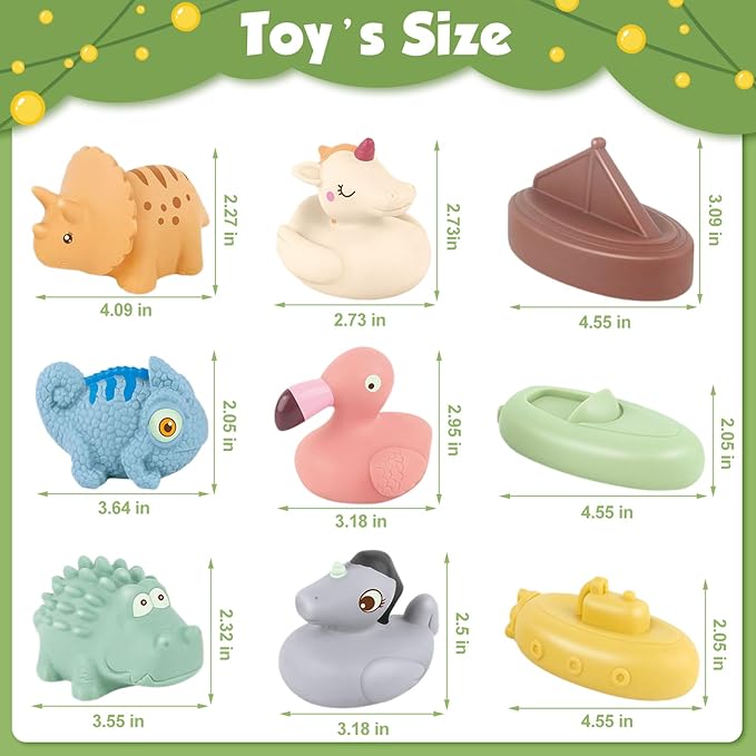 Bath Toys for Babies, 9 Pack Mold Free & No Hole Bath Toys with Rubber Floating Boats & Animals, Toddlers Bathtub Water Play Toys for Baby Gifts
