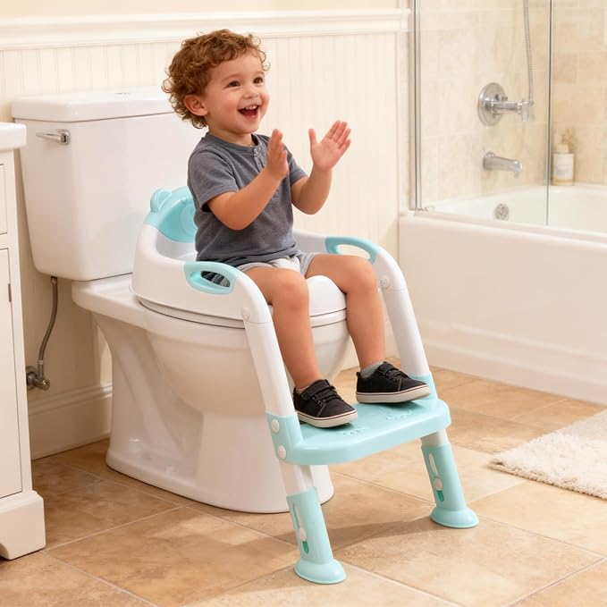 Potty Training Seat with Step Stool Ladder, SKYROKU Potty Training Toilet for Kids Boys Girls Toddlers - Comfortable Safe Potty Seat with Anti-Slip Pads Ladder Blue