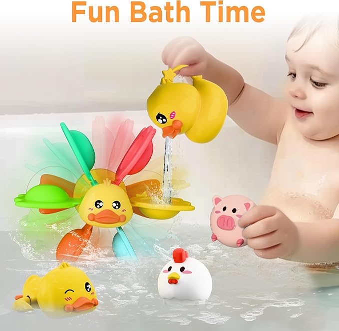 iPlay, iLearn Baby Duck Bath Toy, Toddler Bathtub Suction Water Spinner Gear, Kid Shower Fishing Game W/ Net, Floating Animal, Wind up Swimming Duck, Birthday Gift 6 9 12 Month 1 2 3 Year Old Boy Girl