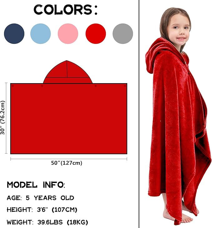 Hiturbo Kids Fleece Hooded Bath Towel: Soft Plush Pool Beach Towel Blanket - 50"x30" Toddler Towels Wrap for Boys Girls 3-12 Years (Red)
