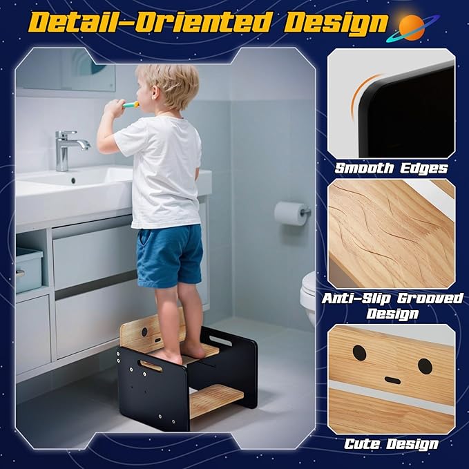 COSYLAND Kids Step Stool for Bathroom - Lovely Robot Shaped Potty Training Stool Toddler Step Stool for Toilet - Adjustable Height Kids Stepping Stool with Handle (Natural & Black)