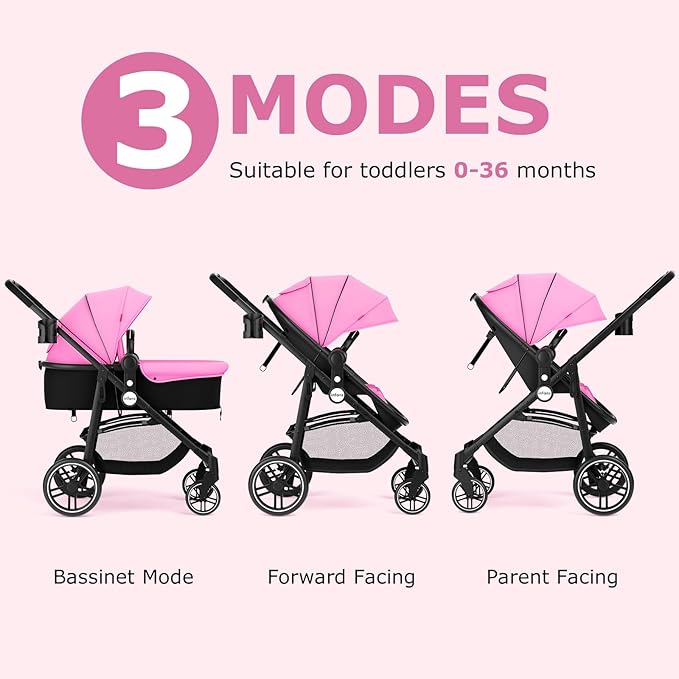 INFANS 2 in 1 Baby Stroller, High Landscape Infant Stroller & Reversible Bassinet Pram, Foldable Pushchair with Adjustable Canopy, Storage Basket, Cup Holder, Suspension Wheels (Pink)