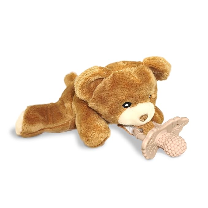 RaZbaby Bear RaZbuddy w/RaZberry Teething Relief Pacifier – Soothes Sore Gums w/Nature-Inspired Texture, 100% BPA-Free Silicone Teether, Detachable Stuffed Animal – 3 Months+ Teether, Coconut