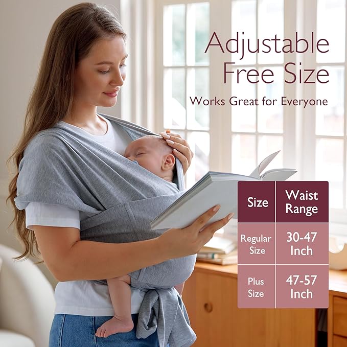Momcozy Baby Wrap Carrier Skin-Friendly Fabric, Easy to Wear Baby Carrier Sling T-Shirt Design, Hands Free Baby Carriers Newborn to Toddler 8-35lbs, Adjustable Buckle Suit for Waist Waist 47-57, Grey