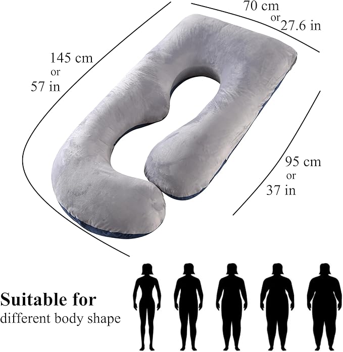 Pregnancy Pillow, Full Body Maternity Pillow 57 inch, with Removable Washable Cover - Sleep Support for Legs, Back, Neck, Shoulder, HIPS, Belly, Velvet Cover-Grey-Dark Blue