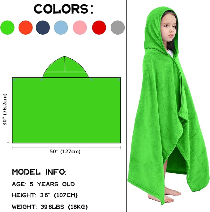 Hiturbo Kids Fleece Hooded Bath Towel: Soft Plush Pool Beach Towel Blanket - 50"x30" Toddler Towels Wrap for Boys Girls 3-12 Years (Green)
