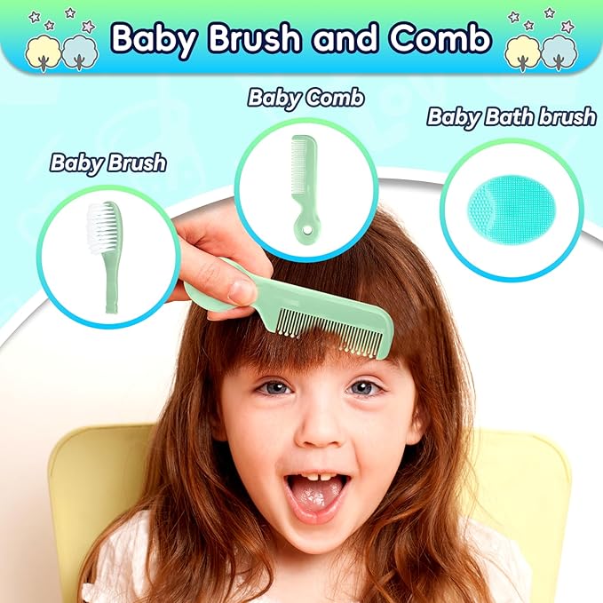 Baby Healthcare and Grooming Kit, 14 in 1 Baby Safety Set Newborn Nursery Health Care Set with Hair Brush Scale Nail Clippers for Baby Girls Boys(14 Kits Green)