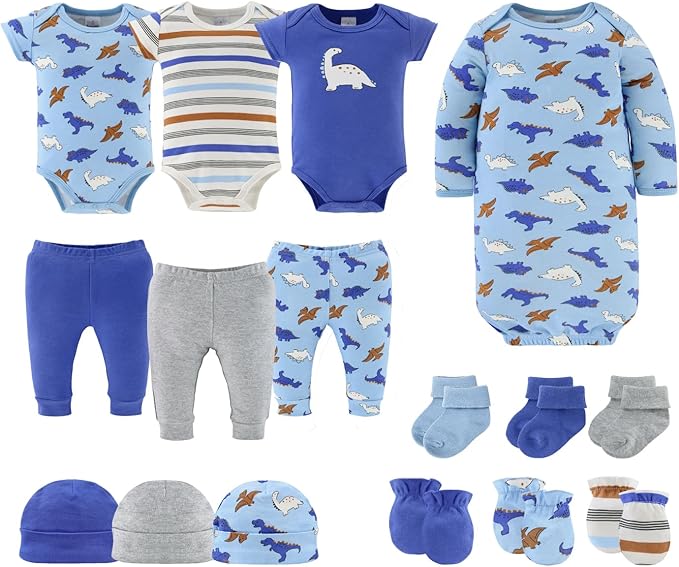 The Peanutshell Baby Layette Gift Set for Boys - 16 Piece New Born Boy Gift Set, Baby Clothes & Newborn Essentials Must Haves - Newborn Clothes 0-3 Months - Blue Dino