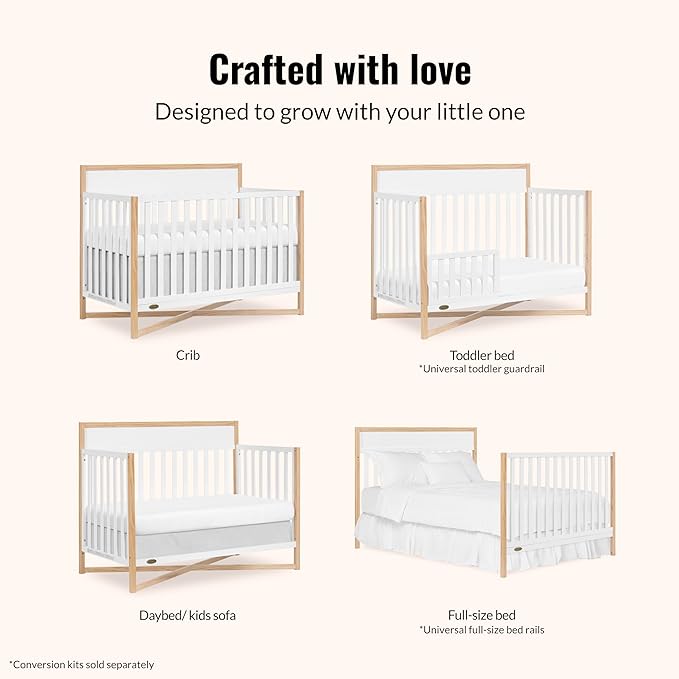 Dream On Me Owen 5-in-1 Convertible Full-Size Baby Crib in Vintage White Oak, GreenGuard Gold & JPMA, Converts to Toddler, Day, & Full-Size Bed Non-Toxic Paint, Safe Sleep Environment